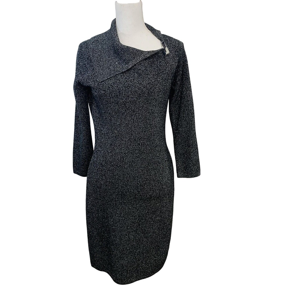 Calvin‎ Klein Sweater Dress M Silver Metallic Thick Rib Knit Knee Length Classic